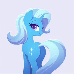 Size: 1024x1024 | Tagged: safe, derpibooru import, machine learning generated, trixie, pony, unicorn, ai content, butt, female, generator:dall-e 3, image, jpeg, looking back, mare, plot, prompter:nebbie, simple background, solo
