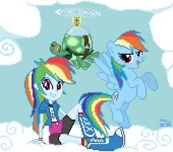 Size: 850x750 | Tagged: safe, artist:gonicfanfic, derpibooru import, rainbow dash, tank, human, pegasus, pony, tortoise, equestria girls, cloud, grin, human ponidox, image, on a cloud, open mouth, open smile, pixel art, png, self paradox, self ponidox, sitting, smiling