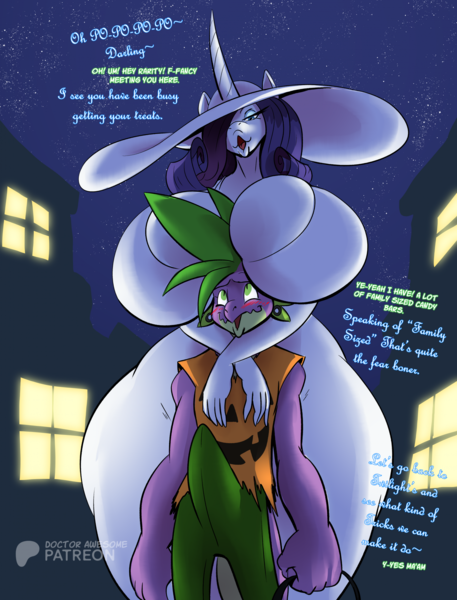 Size: 1676x2199 | Tagged: questionable, artist:thebigbadwolf01, derpibooru import, rarity, spike, anthro, dragon, original species, unicorn, youkai, big breasts, blush lines, blushing, breasts, busty rarity, clothes, costume, dialogue, duo, duo male and female, erection, female, halloween, halloween costume, head between breasts, height difference, holiday, huge breasts, image, imminent sex, impossibly large breasts, male, night, penis, png, shipping, sparity, straight, tenting, wide hips