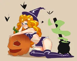 Size: 1618x1280 | Tagged: suggestive, artist:applephil, derpibooru import, adagio dazzle, human, beige background, blushing, boots, breasts, busty adagio dazzle, cauldron, clothes, costume, female, halloween, halloween costume, holiday, humanized, image, jack-o-lantern, png, pumpkin, shoes, simple background, solo, solo female, thigh boots, witch costume
