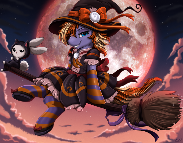 Size: 3909x3050 | Tagged: safe, artist:pridark, derpibooru import, oc, unofficial characters only, pony, rabbit, animal, broom, duo, full moon, hat, image, moon, png, witch hat