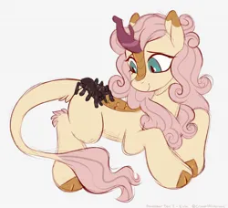 Size: 1706x1554 | Tagged: safe, artist:crimmharmony, derpibooru import, oc, unofficial characters only, kirin, spider, cloven hooves, female, horn, image, jpeg, kirin oc, looking at something, not fluttershy, ponytober, ponytober 2023, simple background, smiling, solo, unshorn fetlocks, white background