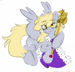 Size: 1188x1152 | Tagged: safe, artist:crimmharmony, derpibooru import, derpy hooves, pegasus, pony, eyebrows, eyebrows visible through hair, female, g4, image, jpeg, looking at you, mare, ponytober, ponytober 2023, princess derpy, scepter, simple background, smiling, smiling at you, solo, spread wings, twilight scepter, white background, wings