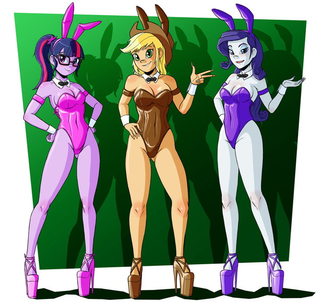 Size: 3726x3508 | Tagged: suggestive, artist:new-ereon, derpibooru import, applejack, rarity, sci-twi, twilight sparkle, human, equestria girls, breasts, bunny ears, bunny suit, busty applejack, busty rarity, busty sci-twi, busty twilight sparkle, clothes, female, females only, hand on hip, high heels, high res, image, jpeg, leotard, platform heels, playboy bunny, playboy bunny applejack, playboy bunny rarity, playboy bunny twilight sparkle, shoes, trio, trio female