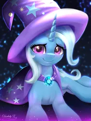 Size: 1792x2389 | Tagged: safe, artist:darksly, derpibooru import, trixie, pony, unicorn, brooch, bust, cape, clothes, cute, diatrixes, female, g4, hat, high res, horn, image, jewelry, jpeg, looking at you, mare, portrait, signature, smiling, smiling at you, solo, trixie's brooch, trixie's cape, trixie's hat, wizard hat