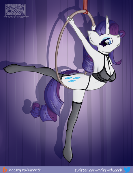 Size: 1000x1301 | Tagged: suggestive, artist:virenth, derpibooru import, rarity, anthro, aerial hoop, clothes, female, gymnastics, harness, image, lingerie, png, solo, sultry pose, tack, underwear