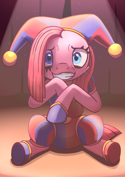 Size: 1050x1485 | Tagged: safe, artist:candy meow, derpibooru import, pinkie pie, earth pony, pony, clothes, crossover, curtains, female, grin, hat, image, jester, jester hat, mare, nervous, nervous grin, pinkamena diane pie, png, pomni, sitting, smiling, solo, spotlight, the amazing digital circus