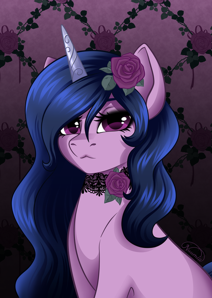 Size: 578x811 | Tagged: safe, artist:nuumia, artist:nuumia_artworks, derpibooru import, izzy moonbow, pony, unicorn, g5, female, goth, goth izzy, horn, image, looking at you, mare, png, signature, solo