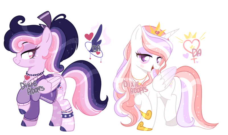 Size: 3164x1876 | Tagged: safe, artist:dixieadopts, derpibooru import, oc, oc:dream love, oc:love star, alicorn, pegasus, pony, clothes, female, image, magical lesbian spawn, mare, offspring, parent:princess cadance, parent:rainbow dash, parent:shining armor, parents:cadash, parents:shiningcadance, png, simple background, transparent background