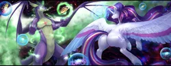 Size: 4500x1750 | Tagged: safe, alternate version, artist:nsfwbonbon, derpibooru import, rarity, spike, alicorn, dragon, pony, unicorn, adult, adult spike, alicornified, ascension enhancement, bigger than a galaxy, butt, claws, ethereal wings, female, frog (hoof), g4, giant pony, giant rarity, giant unicorn, giantess, glow, glowing eyes, glowing horn, goddess, gradient eyes, high res, horn, image, large butt, large wings, letterboxing, lip bite, macro, magic, male, married couple, mega giant, mega rarity, mega spike, older, older spike, planet, plot, png, pony bigger than a planet, race swap, rainbow power, raricorn, runes, scales, shipping, smiling, smirk, space, sparity, straight, underhoof, wide hips, wing claws, winged spike, wings