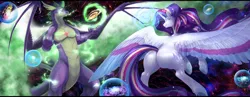 Size: 920x358 | Tagged: safe, alternate version, artist:nsfwbonbon, derpibooru import, rarity, spike, alicorn, dragon, pony, unicorn, adult, adult spike, alicornified, ascension enhancement, bigger than a galaxy, butt, claws, ethereal wings, female, frog (hoof), g4, giant pony, giant rarity, giant unicorn, giantess, glow, glowing eyes, glowing horn, goddess, gradient eyes, high res, horn, image, large butt, large wings, letterboxing, lip bite, macro, magic, male, married couple, mega giant, mega rarity, mega spike, older, older spike, planet, plot, png, pony bigger than a planet, race swap, rainbow power, raricorn, runes, scales, shipping, smiling, smirk, space, sparity, straight, underhoof, wide hips, wing claws, winged spike, wings