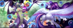 Size: 4500x1750 | Tagged: safe, alternate version, artist:nsfwbonbon, derpibooru import, rarity, spike, alicorn, dragon, pony, unicorn, adult, adult spike, alicornified, ascension enhancement, bigger than a universe, butt, claws, ethereal wings, female, frog (hoof), g4, giant pony, giant rarity, giant unicorn, giantess, glow, glowing eyes, glowing horn, goddess, gradient eyes, high res, horn, image, large butt, large wings, letterboxing, lip bite, macro, magic, male, married couple, mega giant, mega rarity, mega spike, older, older spike, planet, plot, png, pony bigger than a planet, race swap, rainbow power, raricorn, runes, scales, shipping, smiling, smirk, space, sparity, straight, underhoof, wide hips, wing claws, winged spike, wings