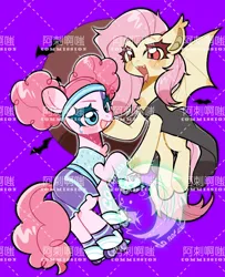 Size: 1748x2155 | Tagged: safe, artist:hedgehog29271, derpibooru import, fluttershy, pinkie pie, bat, bat pony, pegasus, pony, scare master, afro puffs, bat ponified, chest fluff, clothes, costume, cute, diapinkes, duo, fangs, female, flutterbat, image, jpeg, mare, nightmare night, nightmare night costume, open mouth, pinkie puffs, race swap, roller skates, shyabetes, skates, tongue out, watermark