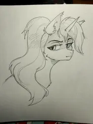 Size: 3024x4032 | Tagged: safe, artist:hysteriana, derpibooru import, oc, oc:evening lake, unicorn, chest fluff, ear fluff, horn, image, jpeg, looking back, ponytail, sketch, smiling, solo, traditional art, unicorn oc