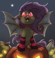 Size: 1120x1198 | Tagged: safe, artist:sonyager, derpibooru import, fluttershy, bat pony, pony, undead, vampire, accessory, bat ponified, clothes, cute, female, flutterbat, halloween, holiday, image, jack-o-lantern, looking at you, mare, png, pumpkin, race swap, simple background, slit pupils, smiling, smiling at you, socks, solo