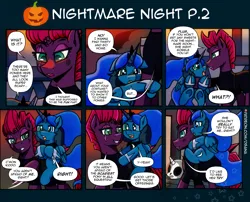 Size: 3508x2834 | Tagged: safe, artist:dsana, derpibooru import, fizzlepop berrytwist, tempest shadow, oc, oc:lullaby dusk, pegasus, pony, unicorn, comic:a storm's lullaby, female, filly, foal, image, mare, nightmare night, png