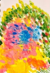 Size: 1401x2051 | Tagged: safe, artist:maggot, derpibooru import, fluttershy, pegasus, abstract, abstract art, blue eyes, green background, image, jpeg, modern art, paint, painting, paper, pink hair, pink mane, simple background, solo, white background