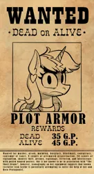 Size: 653x1200 | Tagged: safe, artist:anontheanon, ponerpics import, oc, oc:plot armor, pony, unicorn, /mlptg/ the bannermanes, female, horn, image, mare, png, solo, unicorn oc, wanted poster