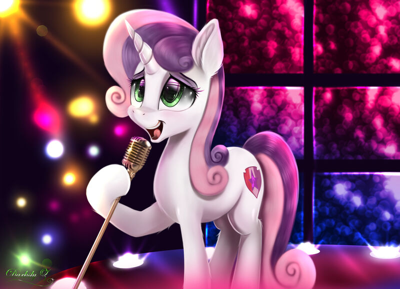 Size: 4500x3250 | Tagged: safe, artist:darksly, derpibooru import, sweetie belle, pony, unicorn, absurd resolution, cute, cutie mark, diasweetes, ear fluff, eyebrows, female, g4, horn, image, jpeg, mare, microphone, older, older sweetie belle, open mouth, signature, singing, solo, stage, the cmc's cutie marks