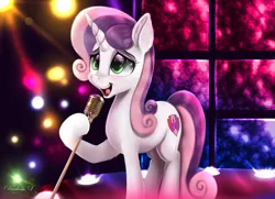 Size: 4500x3250 | Tagged: safe, artist:darksly, derpibooru import, sweetie belle, pony, unicorn, absurd resolution, cute, cutie mark, diasweetes, ear fluff, eyebrows, female, g4, horn, image, jpeg, mare, microphone, older, older sweetie belle, open mouth, signature, singing, solo, stage, the cmc's cutie marks