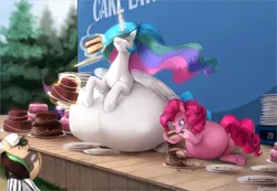Size: 2732x1889 | Tagged: suggestive, alternate version, artist:nsfwbonbon, derpibooru import, pinkie pie, princess celestia, oc, oc:verdant ardea, alicorn, earth pony, pony, belly, belly bed, big belly, cake, cakelestia, eating, ethereal mane, female, flowing mane, food, glow, glowing horn, horn, huge belly, hungry, hyper, hyper belly, hyper pregnancy, image, impossibly large belly, kicking, mare, png, preggy pie, preglestia, pregnant, referee, this will end in colic, this will end in weight gain, tree, underhoof, weight gain sequence