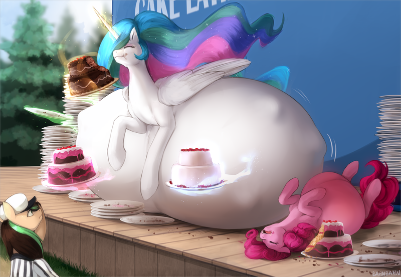 Size: 2732x1889 | Tagged: questionable, alternate version, artist:nsfwbonbon, derpibooru import, pinkie pie, princess celestia, oc, oc:verdant ardea, alicorn, earth pony, pony, belly, belly bed, big belly, cake, cakelestia, eating, eating contest, ethereal mane, female, floppy ears, flowing mane, food, glow, glowing horn, happy, horn, huge belly, hungry, hyper, hyper belly, hyper pregnancy, image, impossibly large belly, kicking, magic, mare, png, preggy pie, preglestia, pregnant, referee, stuffed belly, this will end in colic, weight gain sequence