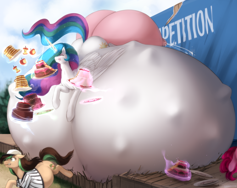 Size: 3700x2950 | Tagged: questionable, alternate version, artist:nsfwbonbon, derpibooru import, pinkie pie, princess celestia, oc, oc:verdant ardea, alicorn, earth pony, pony, apple, belly, belly bed, big belly, big crotchboobs, breast milk, butt, cake, cakelestia, crotchboobs, eating contest, ethereal mane, female, flowing mane, food, glow, glowing horn, hat, horn, huge belly, huge crotchboobs, hungry, hyper, hyper belly, hyper pregnancy, image, impossibly large belly, impossibly large crotchboobs, kicking, lactation, mare, milk, nipples, nudity, overeating, plot, png, preggy pie, preglestia, pregnant, referee, running away, sunbutt, this will end in colic, weight gain sequence