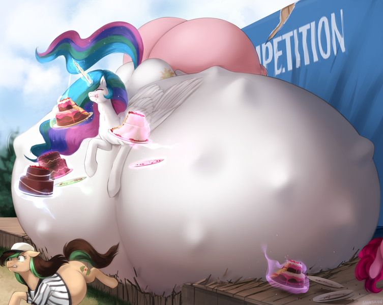 Size: 3700x2950 | Tagged: questionable, alternate version, artist:nsfwbonbon, derpibooru import, pinkie pie, princess celestia, oc, oc:verdant ardea, alicorn, earth pony, pony, apple, belly, belly bed, big belly, big crotchboobs, butt, cake, cakelestia, crotchboobs, eating contest, ethereal mane, female, flowing mane, food, glow, glowing horn, hat, horn, huge belly, huge crotchboobs, hungry, hyper, hyper belly, hyper pregnancy, image, impossibly large belly, impossibly large crotchboobs, kicking, mare, nipples, nudity, overeating, plot, png, preggy pie, preglestia, pregnant, referee, running away, sunbutt, this will end in colic, weight gain sequence