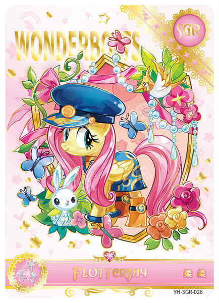 Size: 769x1064 | Tagged: safe, derpibooru import, angel bunny, fluttershy, butterfly, insect, pegasus, pony, angel, animal, card, chinese text, clothes, cute, cutie mark, flower, folded wings, g4, hat, image, jpeg, kayou, long tail, looking at you, moon runes, tail, text, uniform, wings, wonderbolts, wonderbolts uniform