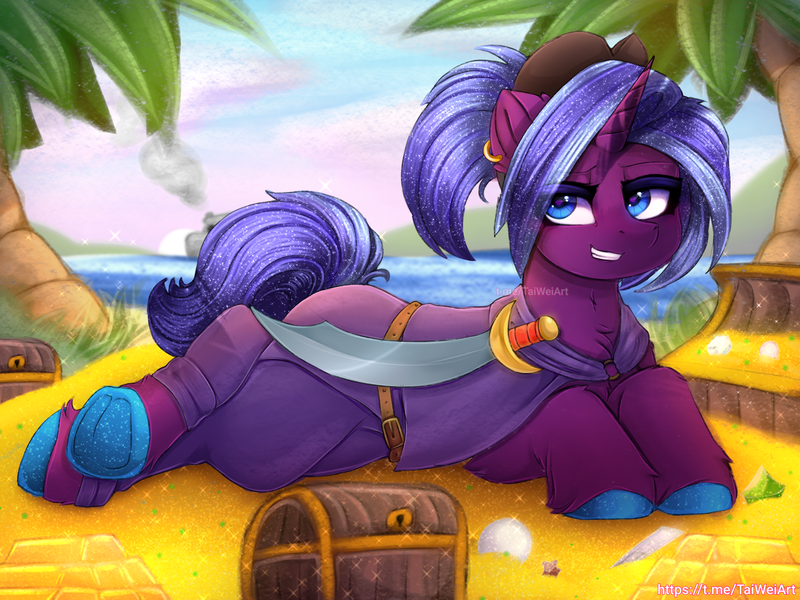 Size: 2666x2000 | Tagged: safe, artist:taiweiart, derpibooru import, oc, oc:captain obsidian, pony, unicorn, beach, clothes, cutlass, ear piercing, earring, female, frog (hoof), gold, image, jewelry, lying down, mare, palm tree, pearl, piercing, pirate, png, prone, solo, sword, treasure chest, tree, underhoof, unshorn fetlocks, weapon