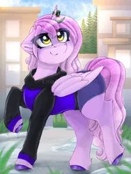 Size: 1125x1500 | Tagged: safe, artist:taiweiart, derpibooru import, oc, unofficial characters only, lizard, pony, unicorn, building, clothes, female, hoodie, image, mare, pants, png, puddle, solo