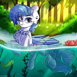 Size: 1935x1916 | Tagged: safe, artist:yuris, derpibooru import, lily, lily valley, oc, fish, pegasus, pony, algae, blood, bush, ears up, forest, image, looking at you, png, smiling, solo, trade, tree, water