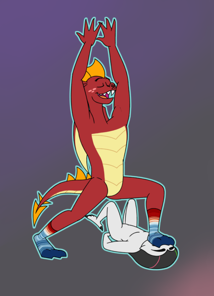 Size: 3867x5350 | Tagged: suggestive, artist:aaron amethyst, derpibooru import, garble, oc, avian, bird, dragon, owl, arms in the air, blue socks, clothes, crew socks, fangs, featureless crotch, foot on face, freckles, furry, furry oc, gay, image, male, png, red socks, snowy owl, sock fetish, socks, stretching, wings, yoga