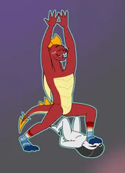 Size: 3867x5350 | Tagged: suggestive, artist:aaron amethyst, derpibooru import, garble, oc, avian, bird, dragon, owl, arms in the air, blue socks, clothes, crew socks, fangs, featureless crotch, foot on face, freckles, furry, furry oc, gay, image, male, png, red socks, snowy owl, sock fetish, socks, stretching, wings, yoga