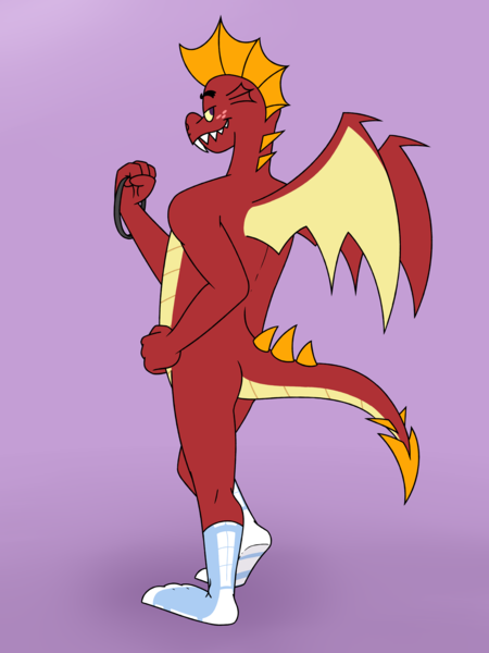 Size: 4500x6000 | Tagged: suggestive, artist:aaron amethyst, derpibooru import, garble, dragon, blue socks, clothes, collar, fangs, freckles, image, looking back, male, png, sock fetish, socks, solo, sport socks, white socks, wings