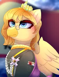 Size: 1539x2000 | Tagged: safe, artist:taiweiart, derpibooru import, oc, oc:grover vi, unofficial characters only, gryphon, equestria at war mod, bust, clothes, female, glasses, image, jewelry, military uniform, png, portrait, regalia, rule 63, solo, uniform