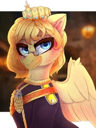 Size: 1500x2000 | Tagged: safe, artist:taiweiart, derpibooru import, oc, oc:grover vi, unofficial characters only, gryphon, equestria at war mod, bust, clothes, eared griffon, female, glasses, image, jewelry, military uniform, png, portrait, regalia, rule 63, solo, uniform