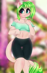 Size: 1310x2000 | Tagged: safe, artist:taiweiart, derpibooru import, oc, oc:eleanor, unofficial characters only, anthro, earth pony, pony, female, gym shorts, image, jpeg, leonine tail, midriff, solo, tail