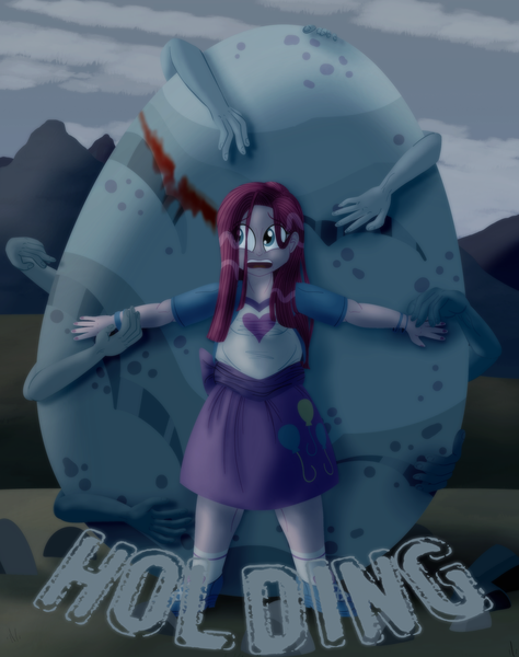 Size: 2400x3040 | Tagged: semi-grimdark, artist:sixes&sevens, derpibooru import, pinkie pie, fanfic, fanfic:the sunset archives, equestria girls, blood, fanfic art, fanfic cover, grabbing, hand, holder's boulder, image, outdoors, pinkamena diane pie, png, scared