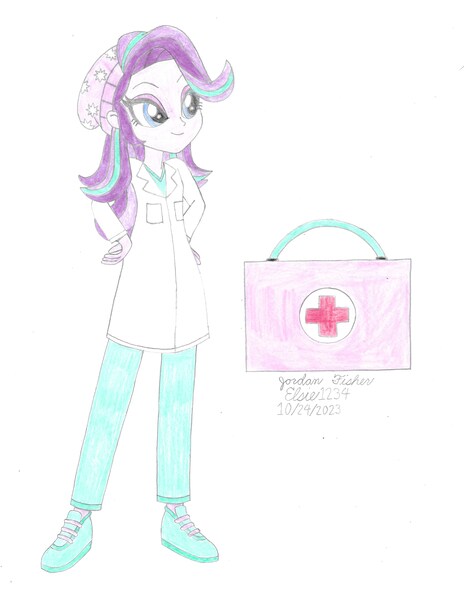 Size: 2550x3300 | Tagged: safe, artist:elsie1234, derpibooru import, part of a set, starlight glimmer, human, equestria girls, clothes, colored sketch, costume, doctor, equestria girls-ified, female, first aid kit, halloween, halloween costume, holiday, image, jpeg, medical, prop, sketch