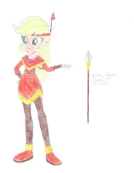 Size: 2550x3300 | Tagged: safe, artist:elsie1234, derpibooru import, part of a set, applejack, human, equestria girls, clothes, colored sketch, costume, feather, female, halloween, halloween costume, holiday, image, jpeg, native american, prop, sketch, solo, spear, weapon