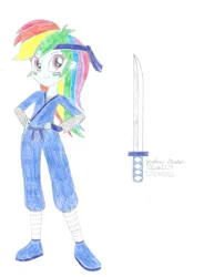 Size: 2550x3300 | Tagged: safe, artist:elsie1234, derpibooru import, part of a set, rainbow dash, human, equestria girls, clothes, colored sketch, costume, female, halloween, halloween costume, headband, holiday, image, jpeg, katana, ninja, prop, sketch, solo, sword, weapon