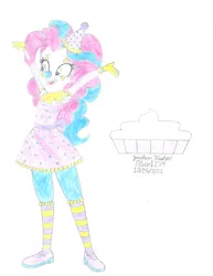 Size: 2550x3300 | Tagged: safe, artist:elsie1234, derpibooru import, part of a set, pinkie pie, human, equestria girls, arms in the air, clothes, clown, clown nose, colored sketch, costume, cream pie, face paint, female, food, halloween, halloween costume, hat, holiday, image, jpeg, pie, prop, red nose, sketch, solo