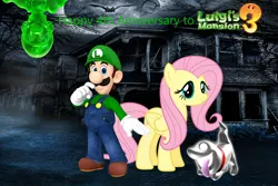 Size: 3000x2000 | Tagged: safe, artist:dashiesparkle, artist:user15432, derpibooru import, fluttershy, ghost, human, pegasus, pony, undead, anniversary, crossover, ghost dog, gooigi, happy anniversary, haunted house, haunted mansion, image, looking at you, luigi, luigi's mansion, luigi's mansion 3, moon, png, polterpup, smiling, smiling at you, super mario bros.