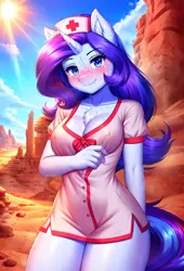 Size: 768x1127 | Tagged: suggestive, derpibooru import, machine learning generated, stable diffusion, rarity, anthro, unicorn, ai content, blushing, breasts, chest fluff, cleavage, clothes, cloud, desert, ear fluff, female, hat, horn, image, jpeg, looking at you, nurse, nurse hat, nurse outfit, outdoors, prompter:endless--, reasonably sized breasts, sand, sexy, shirt, sky, smiling, smiling at you, solo, tail