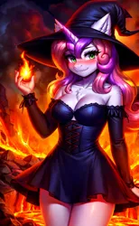 Size: 518x842 | Tagged: suggestive, derpibooru import, machine learning generated, stable diffusion, sweetie belle, anthro, unicorn, ai content, blushing, breasts, chest fluff, cleavage, clothes, costume, dress, ear fluff, female, fire, fireball, halloween, halloween costume, hat, holiday, horn, image, jpeg, lava, looking at you, magic, outdoors, prompter:endless--, sexy, skirt, smiling, smiling at you, solo, volcano, witch, witch hat