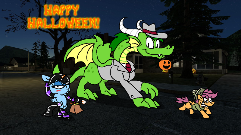 Size: 1280x720 | Tagged: safe, artist:dragonboi471, artist:rainbowdashsmailbag, derpibooru import, daring do, rainbow dash, scootaloo, oc, oc:turc grayson, dragon, pegasus, 3d, clothes, costume, gmod, halloween, holiday, image, non-mlp oc, png