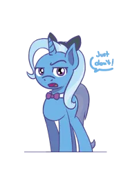Size: 1350x1800 | Tagged: safe, artist:flutterluv, derpibooru import, trixie, pony, unicorn, bowtie, cat ears, eyebrows, image, png, raised eyebrow, simple background, solo, speech bubble, transparent background, trixie is not amused, unamused