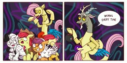 Size: 4268x2112 | Tagged: safe, alternate version, artist:syxpack, derpibooru import, apple bloom, discord, scootaloo, sweetie belle, bird, chicken, earth pony, pegasus, pony, unicorn, 101 dalmatians, 2 panel comic, animal costume, applejack's hat, breaking the fourth wall, candy, chicken suit, clothes, comic, commission, commissioner:zcord, costume, cowboy, cowboy hat, cruella de vil, cutie mark crusaders, discord being discord, fangs, fluttershy suit, food, halloween, hat, holiday, image, implied applejack, implied lesbian, implied rainbow dash, implied rarijack, implied rarity, implied shipping, jpeg, pumpkin bucket, running, scaring, scootachicken, simple background, story included, sweat, talking to viewer, the discord zone, troll