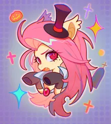 Size: 1553x1738 | Tagged: safe, artist:千雲九枭, derpibooru import, fluttershy, pony, abstract background, clothes, costume, halloween, holiday, image, jpeg, open mouth, pumpkin, solo, sparkles